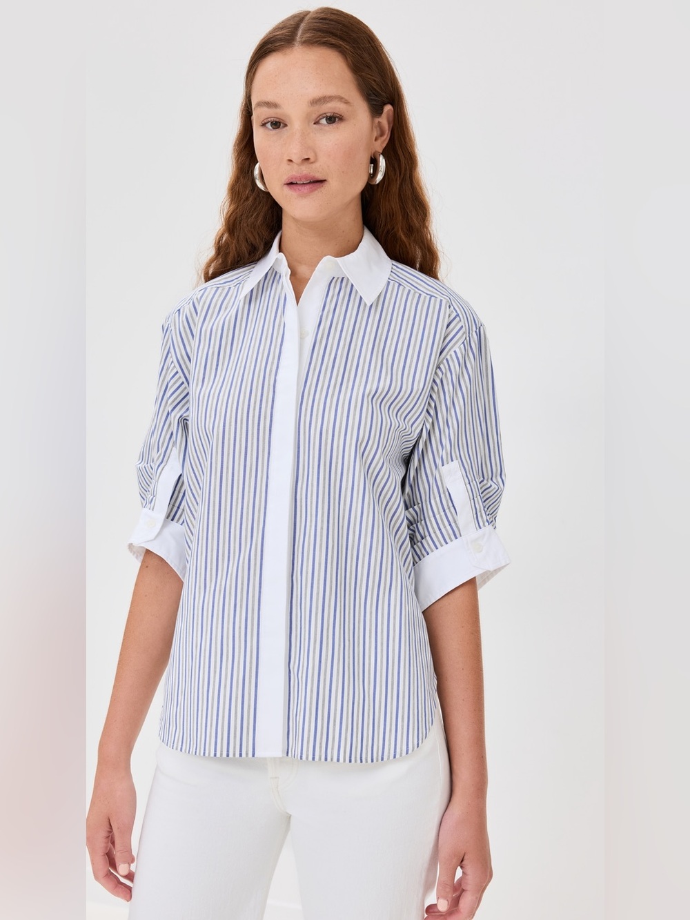 SIMKHAI Gemma Three Quarter Sleeve Top in Cool Gray Stripe